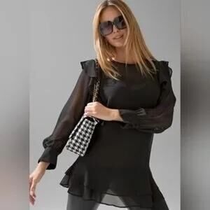 White House Black Market Sheer Lace Applique Ruffle Witchy Tunic Top SZ 4